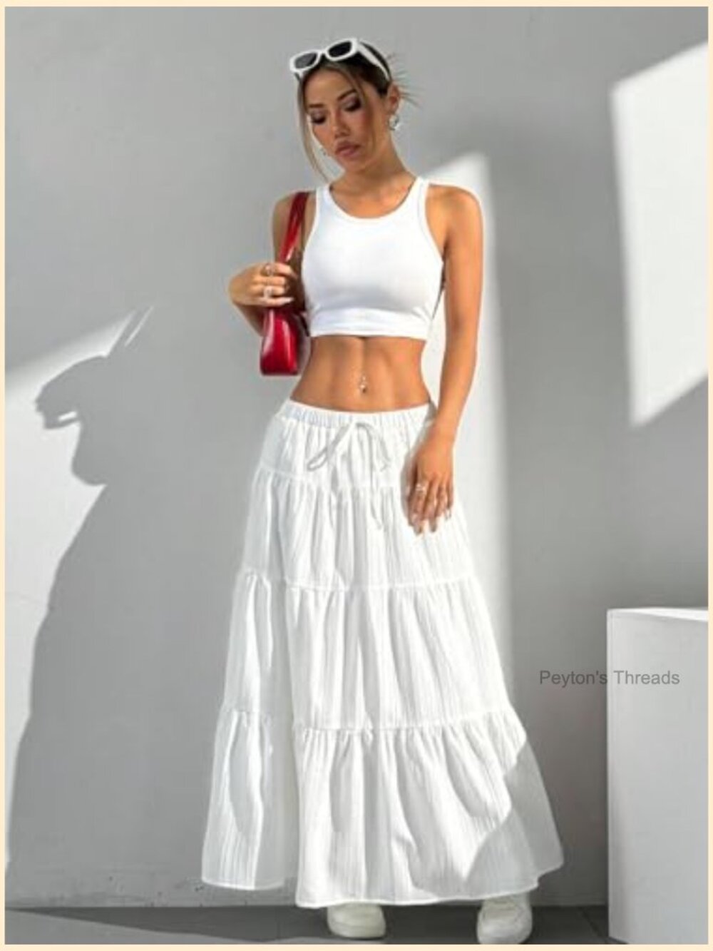 Ruffle Hem A-Line Maxi Skirt Elastic Waist Tiered Boho Long Dress - Picture 5 of 7